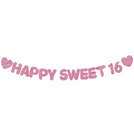 RICHHHA Glitter Pink Happy Sweet 16 Banner,NO DIY,Sixteenth Birthday Party Decorations Pre-Strung 16th Party Sign Garland Bachelorette Party Supplies