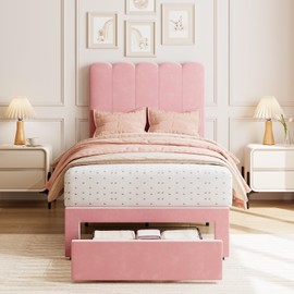 GarveeHome Twin Bed Frame with Under-Bed Drawer, Pink Velvet Upholstered Platform Bed with Wave Headboard for Kids/Girls, Wooden Slats Support, No Box Spring Needed, Pink