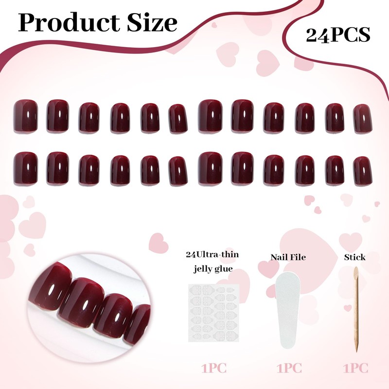 LunarCharm 24 Pieces Dark Red Press-on Nails Medium Square Shape