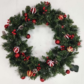 Remote Control& 8 Mode- 24 Inch Christmas Wreath, Detachable Christmas Wreath with 50 Light Warm White & Colorful Lights Snowy Pine Branch Pinecone Berry Cluster Xmas Ball for Door Window Mantle Decor