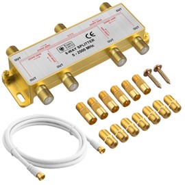 Justech 6 Way Coaxial Cable Splitter TV Aerial Coax Splitter MoCA 5-2500MHz with 1.5m Coax Cable F Plugs for Sky Box Telewest Eurovox Starview Dreambox- Gold Plated