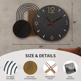 Anmotpe Wall Clock Modern Battery Operated Black Big Clocks Metal& Wood Retro Style Large Wall Watch Metal Walnut Dial Wall Clock Perfect for Modern Home,Office 26inchX18inch