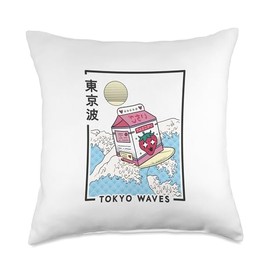 TOKYO WAVES Strawberry Milk Carton Waves Anime Kawaii Aesthetic Throw Pillow, 18x18, Multicolor