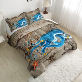 CVHOUSE Octopus Comforter Set Twin Size,Map Theme Octopus Bedding Set for Kids,Map Theme Sea Octopus Quilt Set Sea Duvet Set Ocean Bedroom Decor 3 Pieces