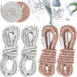 HINZIC 4pcs Rhinestone Glitter Shoelaces, 47.2" Shiny Bling Round Hoodie Drawstrings, Crystal Rope Shoelaces for Women Sneakers, Sparkly Replacement Shoe String Cords Sweatpants - White, Champagne
