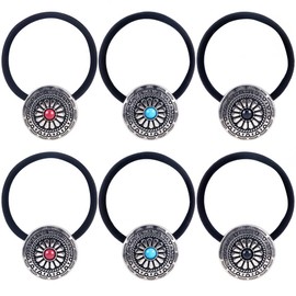CABODYALS 6Pcs 3 Colors Vintage Squash Blossom Hair Bands Ropes Western Style Metal Ponytail Holders Boho Turquoise Cowgirl Elastic Decorative Hair Ties Bracelet with Box for Women Accessories