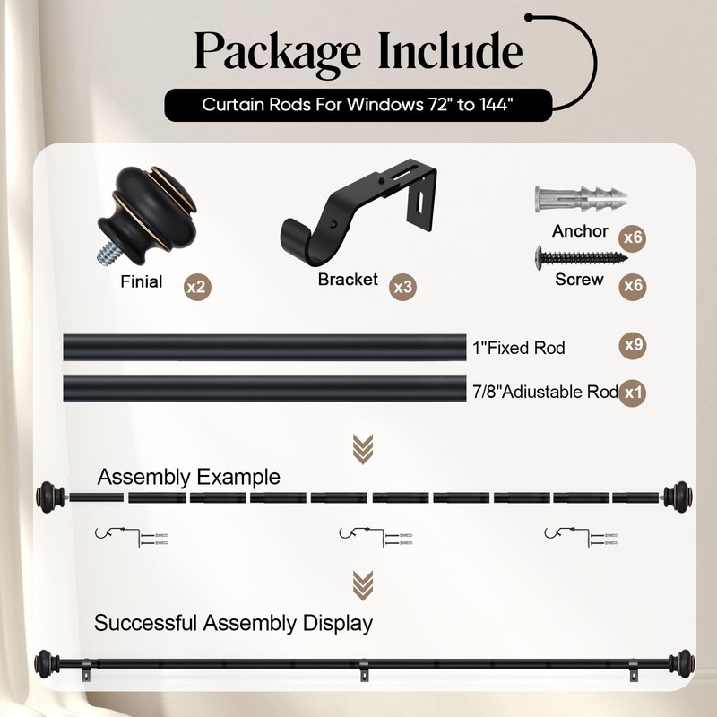Heavy Duty Window Curtain Rods, 72-144 Inches, Black with Gold