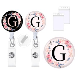 2Pcs A-Z Letter Badge Reels with Vertical Clear Plastic ID Card Holders (2.5" x 3.7") Retractable Name Tag ID Clip Holder Nursing Student RN Pediatric Teacher Office Work Accessories G