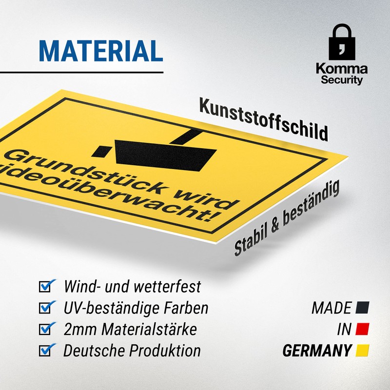 Komma Security Grundstück wird videoüberwacht Sign Information Sign 30 x
