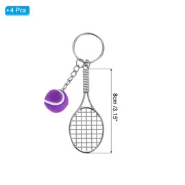 PATIKIL Tennis Keychain, 4Pcs Alloy Mini Tennis Racket Keychain Key Ring Tennis Ball Cute Sports Keyrings for Sport Lovers, Purple