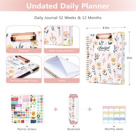 Ospelelf Undated Budget Planner with Clipboard Large Weekly Monthly Account Planners with Stickers 12 Months Productivity Aesthetic Journey Pink Flowers