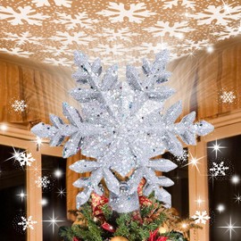 YIJXPOIN Christmas Tree Topper Lighted Snowflake Shaped Tree Topper with Rotating Snowflake Projector Lights, 3D Glitter Hollow Snowflake Shaped Tree Topper for Christmas Tree Decorations