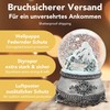 Snow globe mountain landscape with bridge, pewter effect ornaments, with
