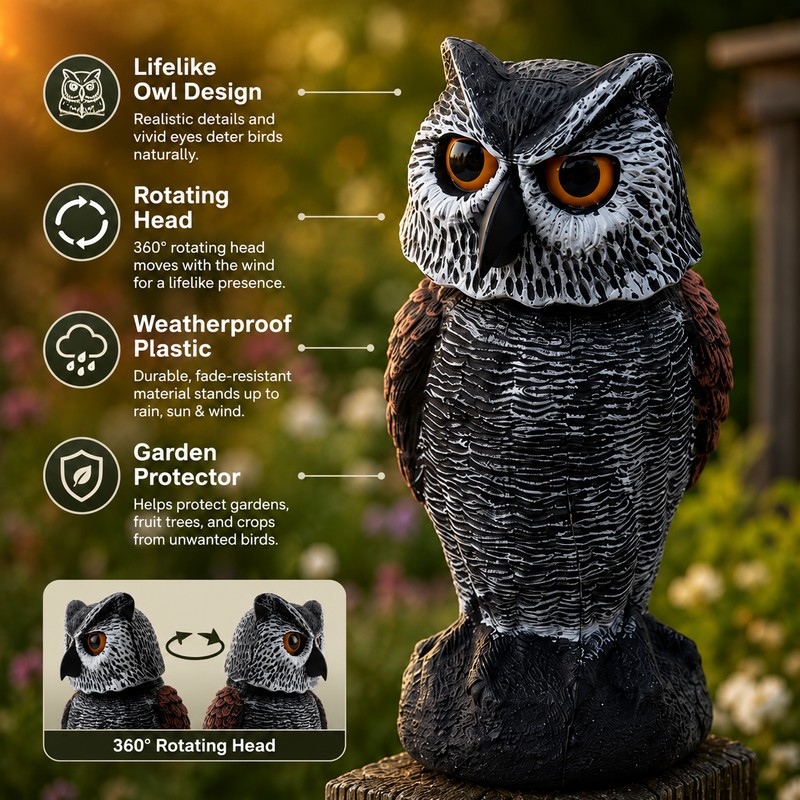 Owl Decoy for Garden Bird Deterrent – Plastic Rotating Head