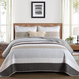 Boho Quilt Set Full Size,3 Pieces Grey Striped Bedspreads,Soft Microfiber Bedding Set with 2 Pillow Shams Lightweight Coverlet 78"x90" for Summer Bed