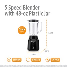 Toastmaster 5 Speed Blender with 48-oz Plastic Jar - Kitchen Blender with Stainless Steel Blades - For Fruit Smoothies & More - Multiple Speeds & Pour-Through Lid