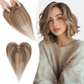 S-noilite Hair Toppers for Women Human Hair with Side Bangs - 9x12cm T-Sharp Hand-stitched Base 360° 3D Coverage Natural 13g （Medium Brown/Dark Blonde #4/27)