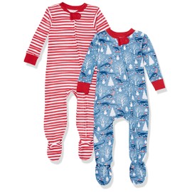 HonestBaby Non-Slip Footed Holiday Pajamas One-Piece Sleeper Zip-Front PJs Organic Cotton for Baby Boys, Girls, Unisex, Roarin' Rex, 18 Months