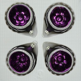 Lauschaer Glas Christbaumkugeln mit Einstich lila matt mit Dekor 4 Stück d 6cm handdekoriert