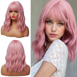 GIEEU Short Wave Pink Bob Wigs for Women - Heat Resistant Synthetic Short Bob Purple Pink Sissy Wig with Bangs Curly Wavy Shoulder Length Cosplay & Daily Fashion Hairpiece