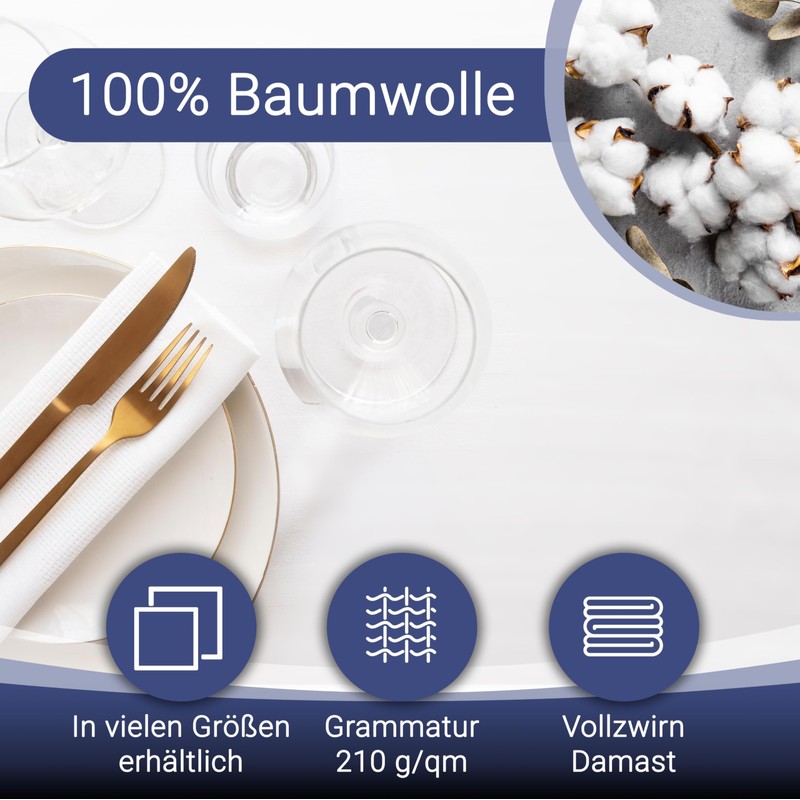 Zollner Tablecloth, Various Sizes, Cotton, Satin Edge, Square, White, 082,