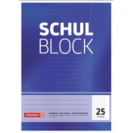 Brunnen 1052525 School Notepad (A4, 50 Sheets, Ruled, with Margin, Line Style 25, Punched, Glued Head, 70 g/m²)