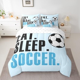 Feelyou Soccer Ball Comforter Set with Sheets Twin Size Light Blue Football 7 Pieces Bedding Set for Kids Boys Girls Teens Sports Ball Game Bed in a Bag Gift for Football Lover Bed Set