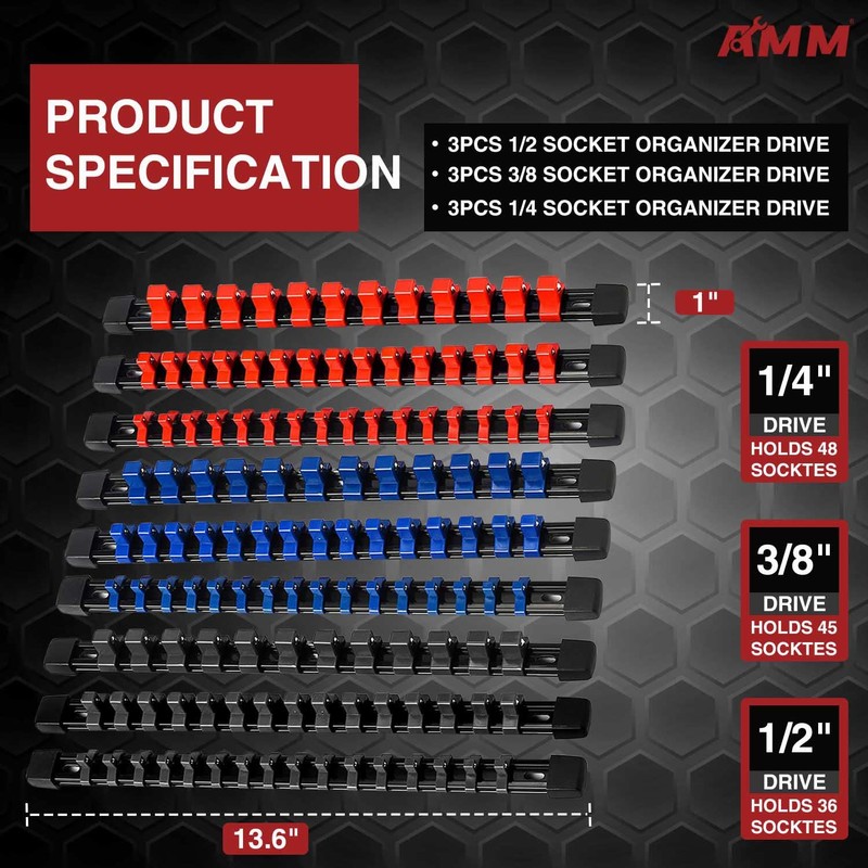 AMM 9-Piece Socket Organizer, 1/2 inch, 3/8 inch and 1/4