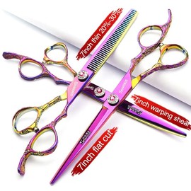 6/7 Inch Professional Hairdressing Scissors Haircut Rose Pattern Hairdressing Scissors Styling Tools Japanese Stainless Steel Scissors Set (7 Inch 3pc-B)