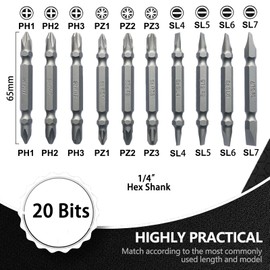 BAKESHU 20Pcs 65mm PH1 PH2 PH3 PZ1 PZ2 PZ3 SL4 SL5 SL6 SL7 Magnetic Impact Driver Bits, S2 Steel Screwdriver Bit Set