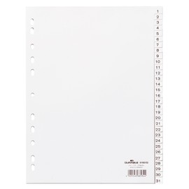 Durable 616002 Index Dividers A4 Vertical Format with NumbeRed Tabs 1 - 31 and Universal Punched Spine Full Cover Polypropylene White