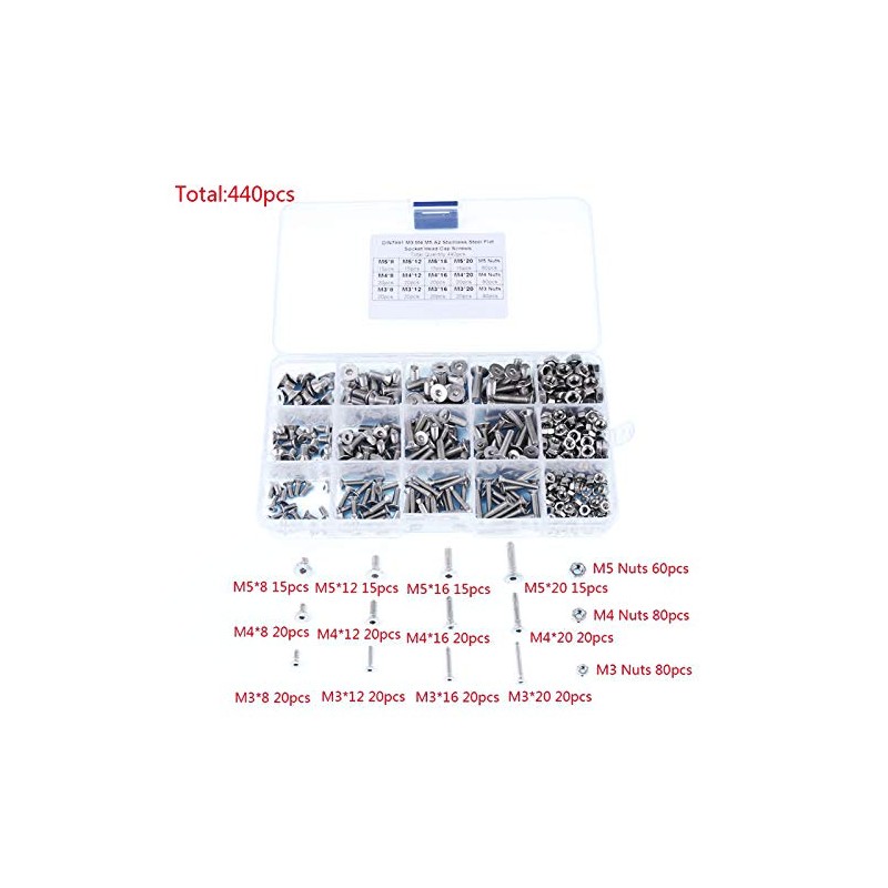440PCS M3 + M4 + M5 Hex Socket Tornillos De