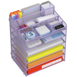 Docnest Multi-Functional Desk Organizer Tray, 6 Tier Paper Letter Tray Organizer with 3 Pen Holder, Mesh Desktop Organizer and Storage with 5 Adjustable Compartments for Office Supplies-Purple
