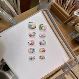 Handmade Press on Nails Short Square Fake Nails Summer False Nails Luxury Cute Flower Full Cover Stick on Nails Glue on Nails Floral Nails Acrylic Nails for Women Girls (Oil Painting M)