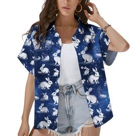 Moon Rabbit Hawaiian Shirt for Women, Cute Bunny Night Sky Shirt, Women's Summer Button Up, Lunar Bunny Shirt