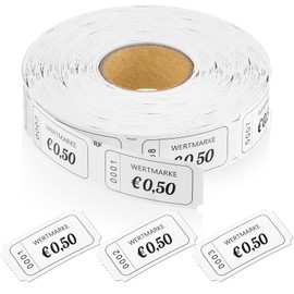 Nezyo Value Tokens Roll 1000 Sheets Perforated Value Tokens Consecutive Number Food Stamps Roll Drinks Marks Roll Demolition Cards for Shops Bar Wedding Party Carnival (White, 0.5 Euro)