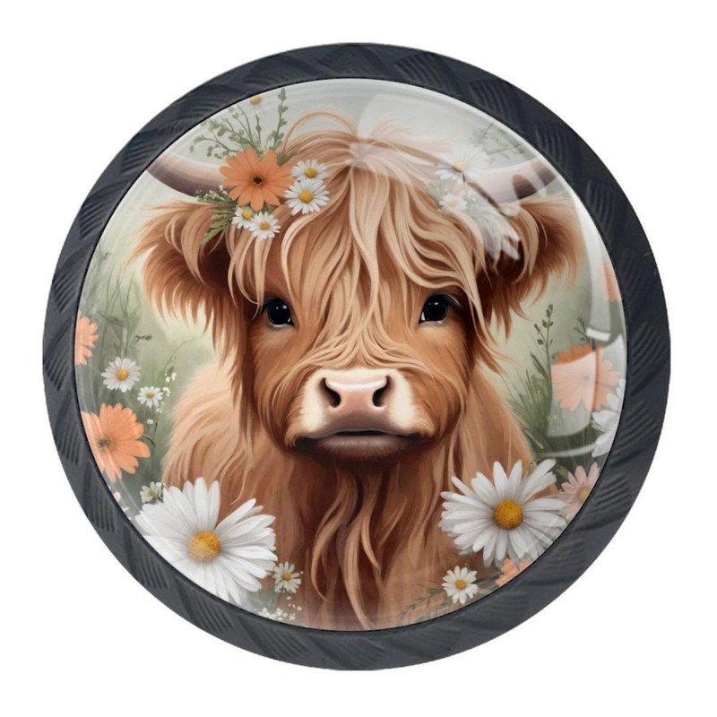 NEWzone 4 Pack Drawer Pulls Highland Cow Daisies Cabinet Knobs