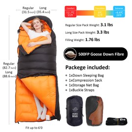 OMVMO 0 20 Degrees F Down Sleeping Bag for Adults,4 Season Envelope Down Fiber Sleeping Bag for Backpacking Camping,Wearable Sleeping Bag with Arm Holes,Move Freely While Wearing.Ultralight,Compact.