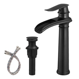 BWE Vessel Sink Faucet Waterfall Matte Black Bathroom Faucets Single Hole Single Handle Bathroom Sink Faucet Tall Vessel Faucet with Pop Up Drain and Water Supply Line