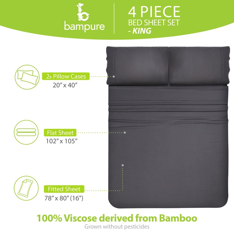BAMPURE Luxury Series King Sheet Set - 100% Viscose derived