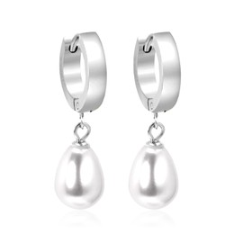 Elegant Stainless-Steel Hoop Earrings with Drop Pearl – Hypoallergenic, 3x13mm Hoops with 8x10mm Pearl Drops | Wedding Earrings Elegant Statement Dangle Drop Dangling | Luxurious for Brides Bridal Wedding Women Precious | Hoop Earrings Set Cute Huggie Ea