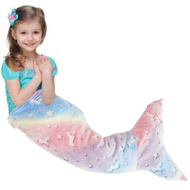 Kids Mermaid Tail Blanket 50x100cm Luminous Mermaid Blanket Flannel Girls Mermaid Toys Colorful Snuggle Blanket Soft Sofa Blanket Mermaid Sleeping Bag for Toddler Teens Birthday, All Seasons