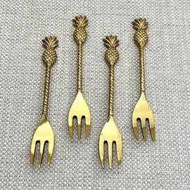 India Handicrafts Tropical Pineapple Handle, Gold Tone 5.5 Inch Stainless Steel Small Dessert Hors d'oeuvres Fork; Set of 4