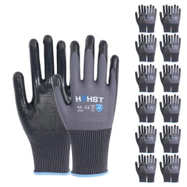 HPHST Work Gloves, 12 Pairs Work Gloves Men Women with Nitrile Coating Gardening Gloves Touchscreen Work Gloves Protective Gloves for Assembly Work (Grey, XX-Large)