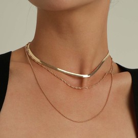 Cybche Vintage Layered Choker Necklace Flat Snake Chain Necklace Punk Herringbone Necklace Choker Gold Satellite Bead Necklace Chain Snake Bone Necklace Jewelry for Women