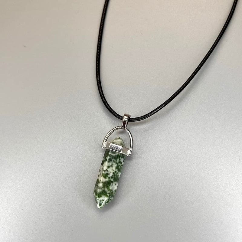 VIE Double Point Pencil Pendant, Black String (Moss Agate)