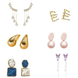 Jewelry Fashion Statement Earrings Set, 6 Pairs, Gold Plated Crystal Pearl Drop, Butterfly Ear Cuff Collection, Medium, Crystal Pearl Metal, Cubic Zirconia