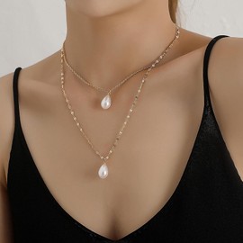 TseenYi Pearl Pendant Necklace Choker Multilayer Pearl Drop Necklace Gold Waterdrop Pearl Pendant Necklace Vintage Double Layer Beads Clavicle Chain Jewellery Women and Girls