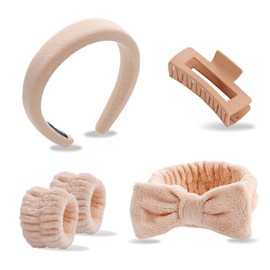 NASKY Wristbands, Hair Hoops, Hair Ties, and a 5 - Piece Face Washing Set. Including Headbands Suitable for Spa, Skincare, and Makeup, Designed for Women and Teen Girls.(Khaki)
