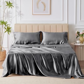CozyLux Satin Sheets Queen Size - 4 Piece Dark Grey Bed Sheet Set with Silky Microfiber, 1 Deep Pocket Fitted Sheet, 1 Flat Sheet, and 2 Pillowcases - Smooth and Soft